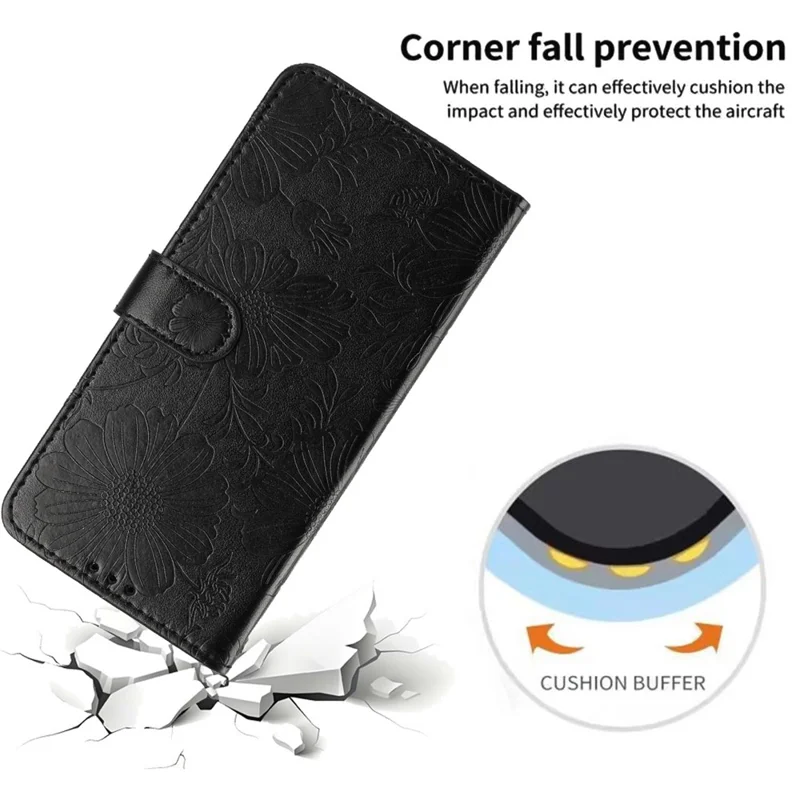 For Google Pixel 11 Pro XL Wallet Case Imprint Floral PU Leather Stand Flip Phone Cover with Wrist Strap - Black