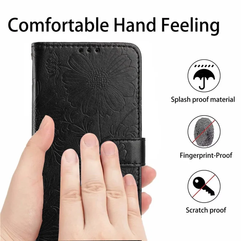 For Google Pixel 11 Pro XL Wallet Case Imprint Floral PU Leather Stand Flip Phone Cover with Wrist Strap - Black