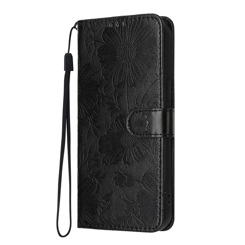 For Google Pixel 11 Pro XL Wallet Case Imprint Floral PU Leather Stand Flip Phone Cover with Wrist Strap - Black