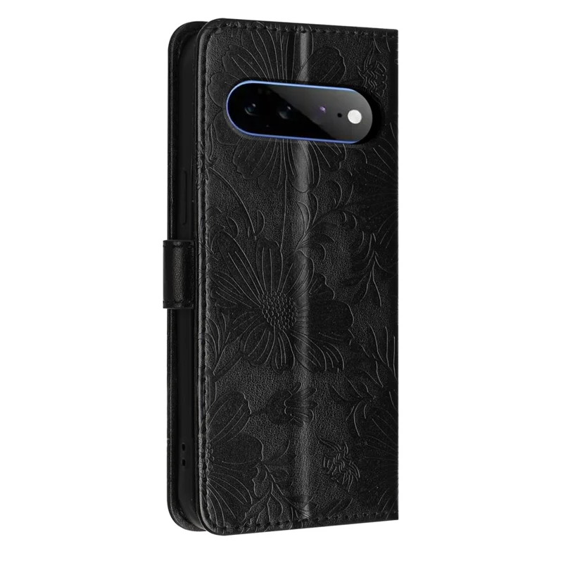 For Google Pixel 11 Pro XL Wallet Case Imprint Floral PU Leather Stand Flip Phone Cover with Wrist Strap - Black