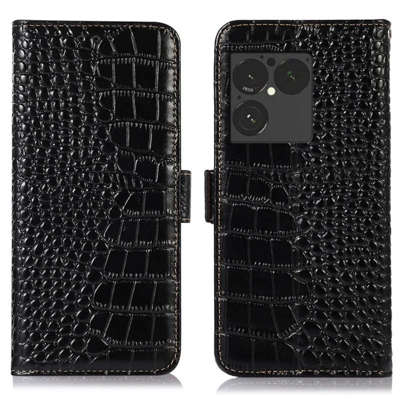 Funda para Sony Xperia 1 VIII, funda cartera con bloqueo RFID, textura de cocodrilo, cubierta de cuero auténtico de vaca - Negro