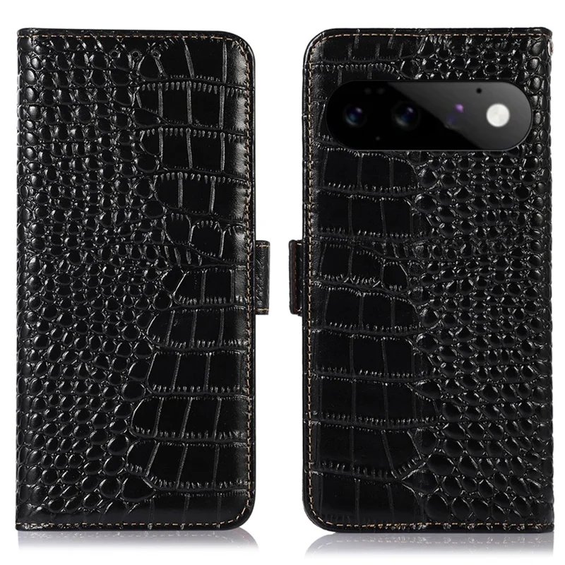 For Google Pixel 11 Pro Case RFID Blocking Wallet Crocodile Texture Genuine Cow Leather Phone Cover - Black