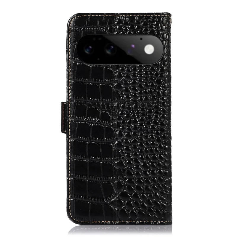 For Google Pixel 11 Pro Case RFID Blocking Wallet Crocodile Texture Genuine Cow Leather Phone Cover - Black