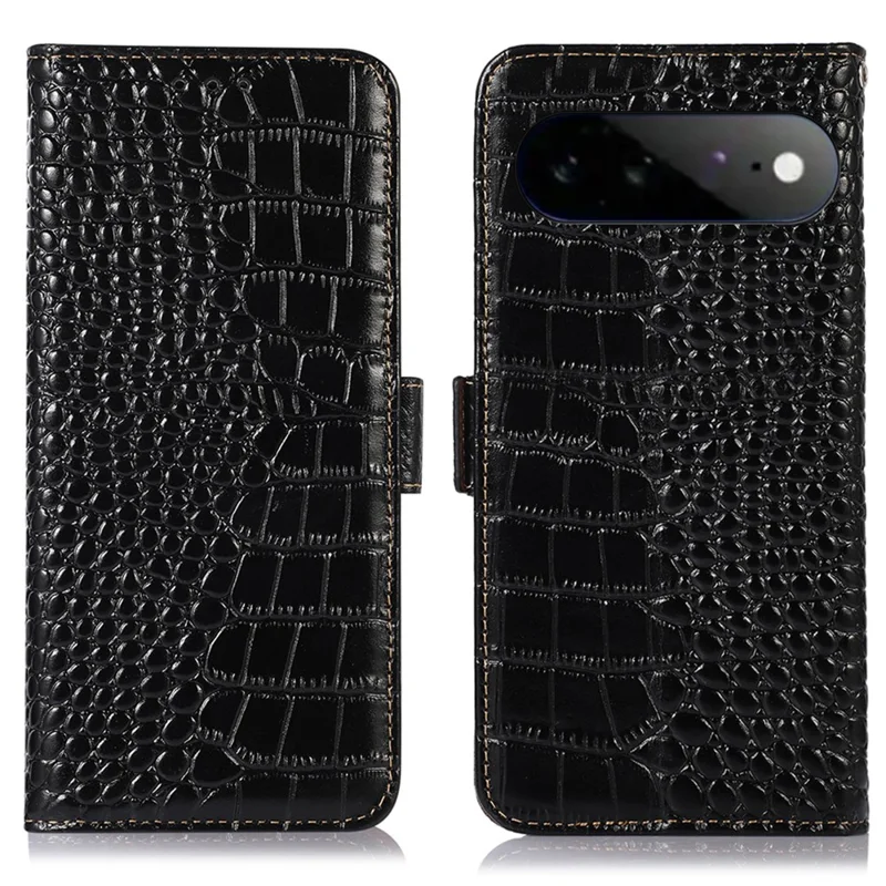 For Google Pixel 11 Pro XL Case RFID Blocking Wallet Crocodile Texture Genuine Cow Leather Phone Cover - Black