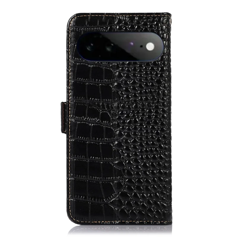 For Google Pixel 11 Pro XL Case RFID Blocking Wallet Crocodile Texture Genuine Cow Leather Phone Cover - Black