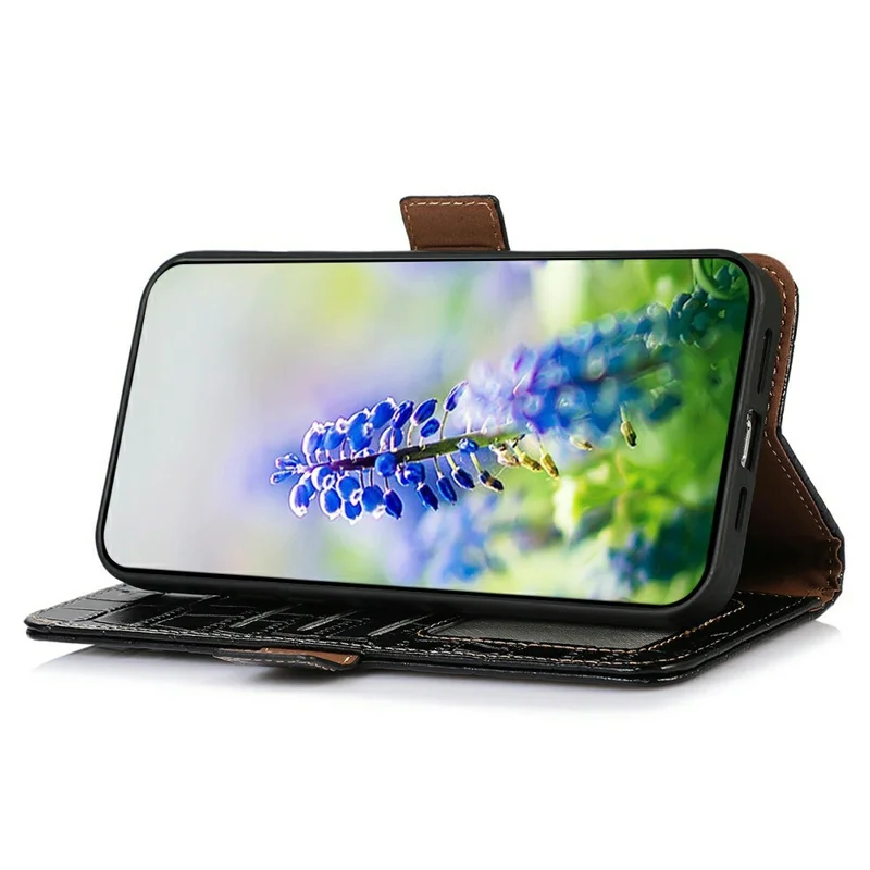 For Samsung Galaxy A27 5G Case RFID Blocking Wallet Crocodile Texture Genuine Cow Leather Phone Cover - Black