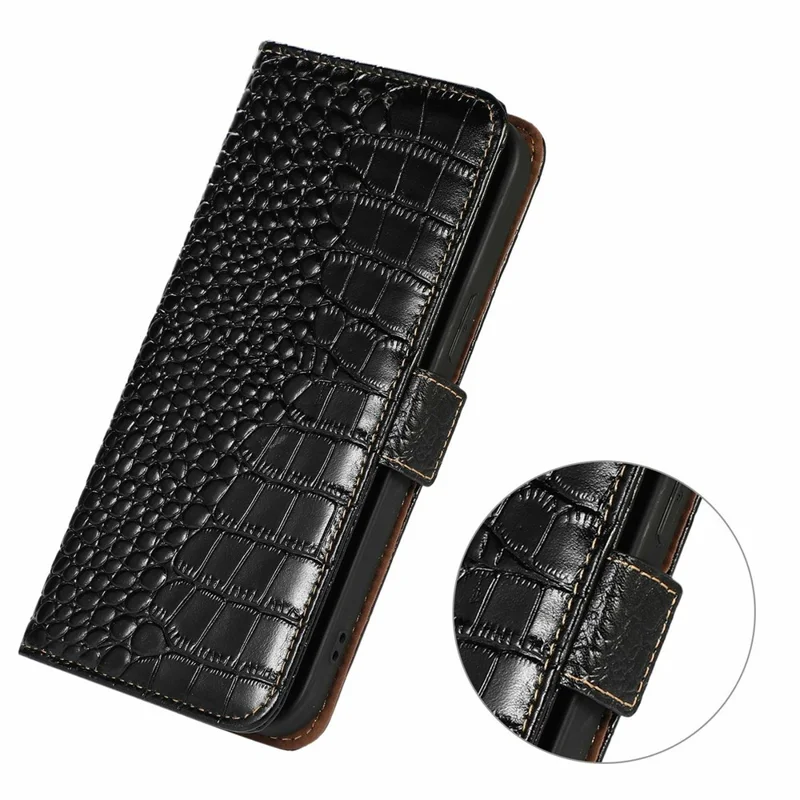 For Samsung Galaxy A27 5G Case RFID Blocking Wallet Crocodile Texture Genuine Cow Leather Phone Cover - Black