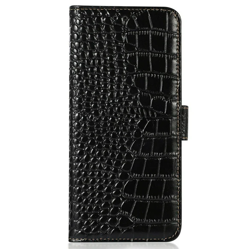 For Samsung Galaxy A27 5G Case RFID Blocking Wallet Crocodile Texture Genuine Cow Leather Phone Cover - Black