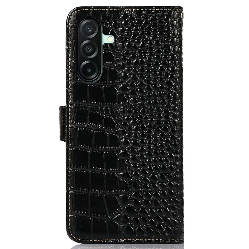 For Samsung Galaxy A27 5G Case RFID Blocking Wallet Crocodile Texture Genuine Cow Leather Phone Cover - Black