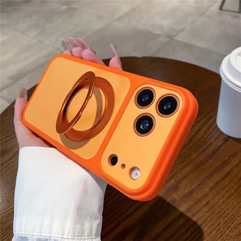 Funda para iPhone 17 Pro con anillo giratorio de 360° y soporte tipo kickstand, cubierta protectora antichoque de PC y TPU con tacto suave - Naranja