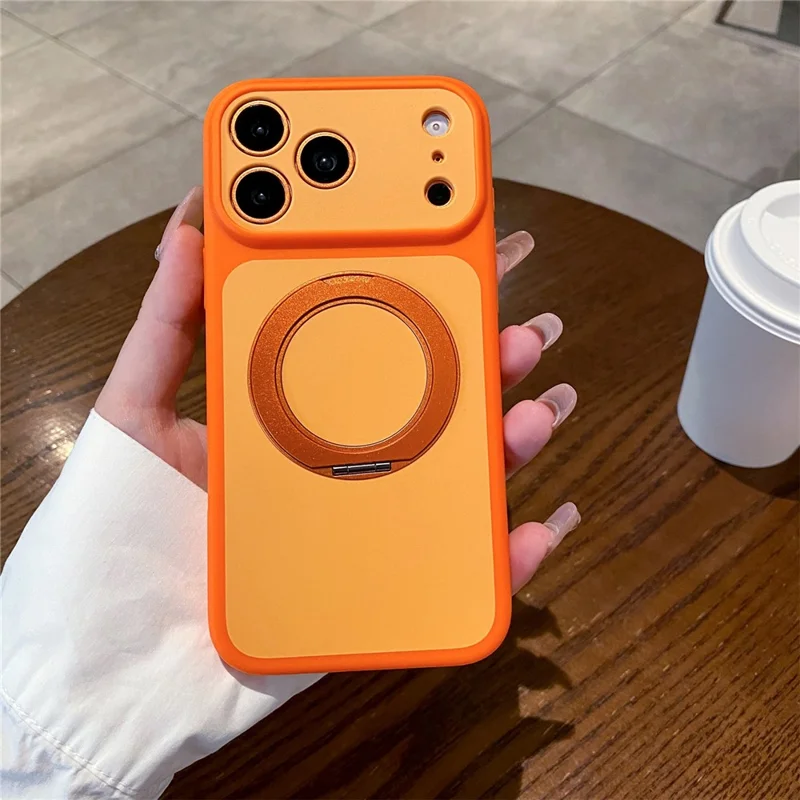 Funda para iPhone 17 Pro con anillo giratorio de 360° y soporte tipo kickstand, cubierta protectora antichoque de PC y TPU con tacto suave - Naranja