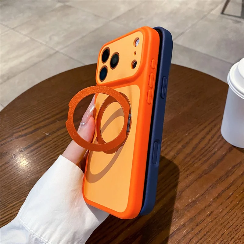 Funda para iPhone 17 Pro con anillo giratorio de 360° y soporte tipo kickstand, cubierta protectora antichoque de PC y TPU con tacto suave - Naranja