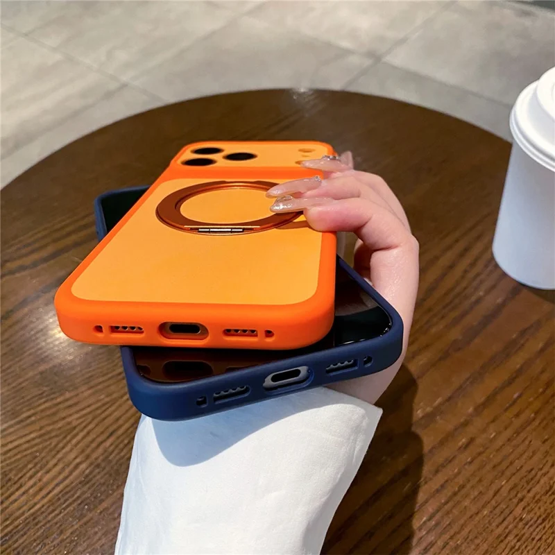 Funda para iPhone 17 Pro con anillo giratorio de 360° y soporte tipo kickstand, cubierta protectora antichoque de PC y TPU con tacto suave - Naranja
