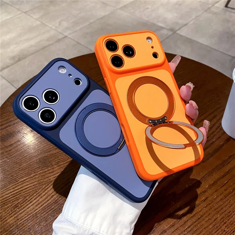 Funda para iPhone 17 Pro con anillo giratorio de 360° y soporte tipo kickstand, cubierta protectora antichoque de PC y TPU con tacto suave - Naranja