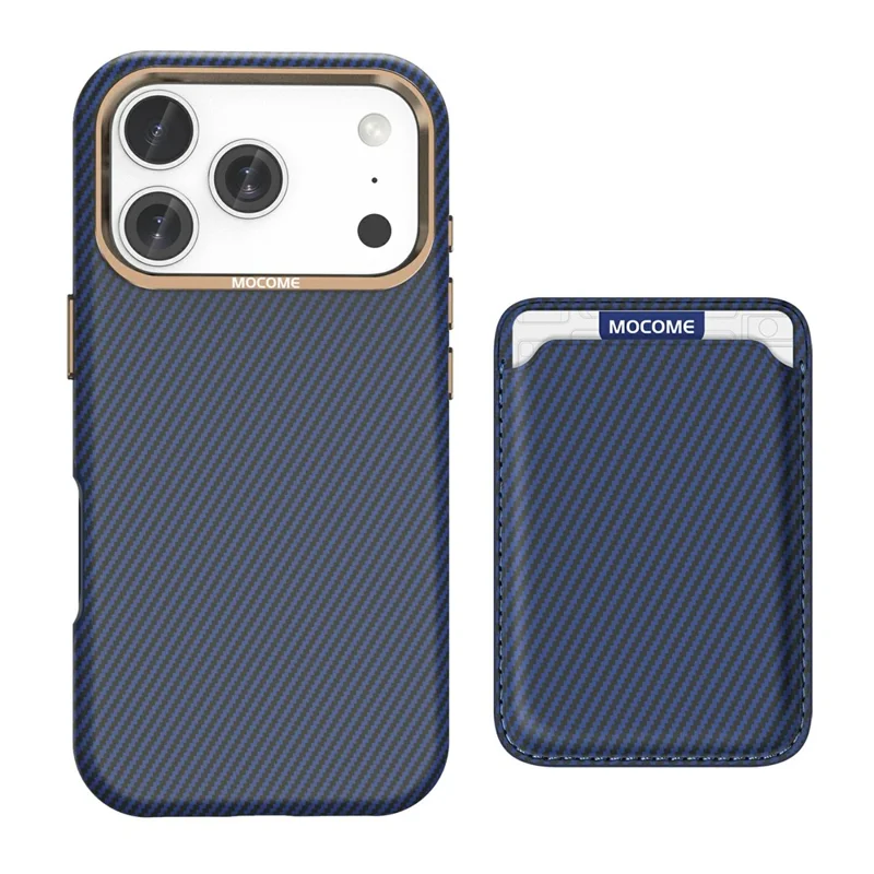 For iPhone 17 Pro Max Magnetic Case Carbon Fiber Texture Leather Back Phone Cover with Detachable Card Holder - Sapphire