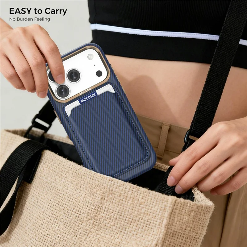 For iPhone 17 Pro Max Magnetic Case Carbon Fiber Texture Leather Back Phone Cover with Detachable Card Holder - Sapphire