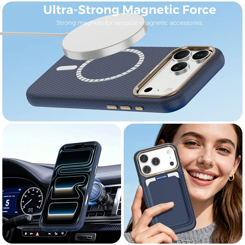 For iPhone 17 Pro Max Magnetic Case Carbon Fiber Texture Leather Back Phone Cover with Detachable Card Holder - Sapphire