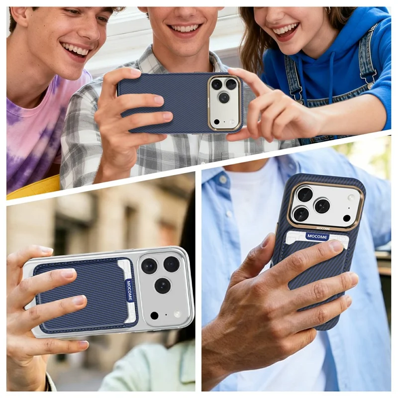 For iPhone 17 Pro Max Magnetic Case Carbon Fiber Texture Leather Back Phone Cover with Detachable Card Holder - Sapphire