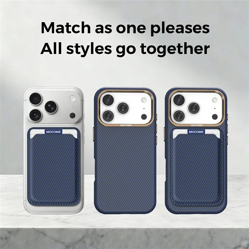 For iPhone 17 Pro Max Magnetic Case Carbon Fiber Texture Leather Back Phone Cover with Detachable Card Holder - Sapphire