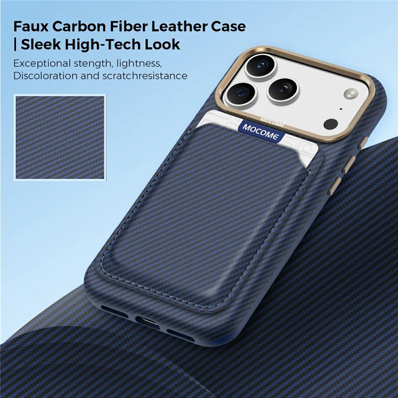 For iPhone 17 Pro Magnetic Case Carbon Fiber Texture Leather Back Phone Cover with Detachable Card Holder - Sapphire