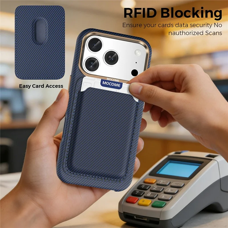 For iPhone 17 Pro Magnetic Case Carbon Fiber Texture Leather Back Phone Cover with Detachable Card Holder - Sapphire