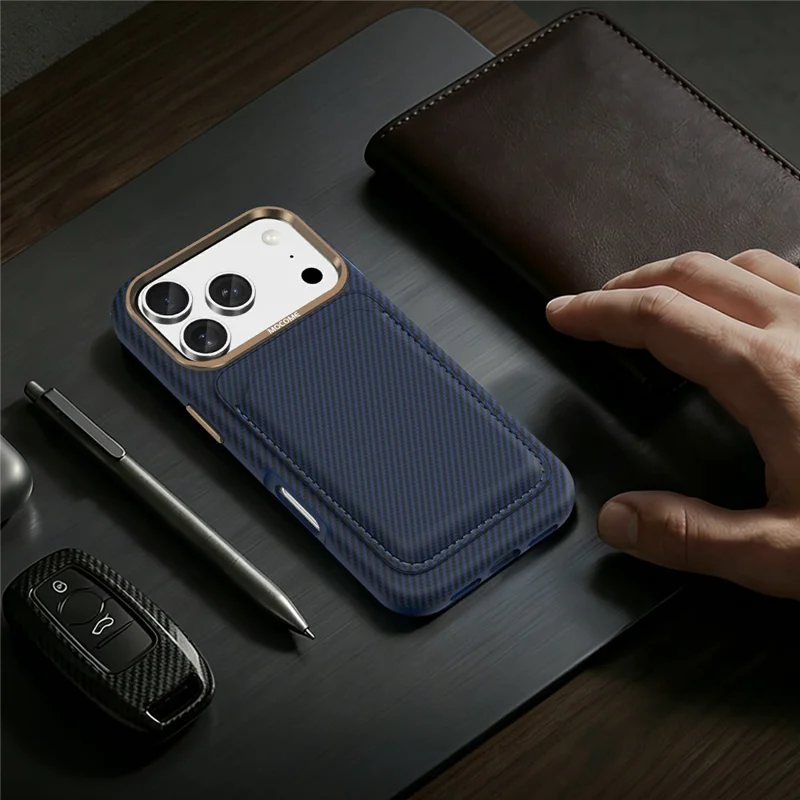 For iPhone 17 Pro Magnetic Case Carbon Fiber Texture Leather Back Phone Cover with Detachable Card Holder - Sapphire