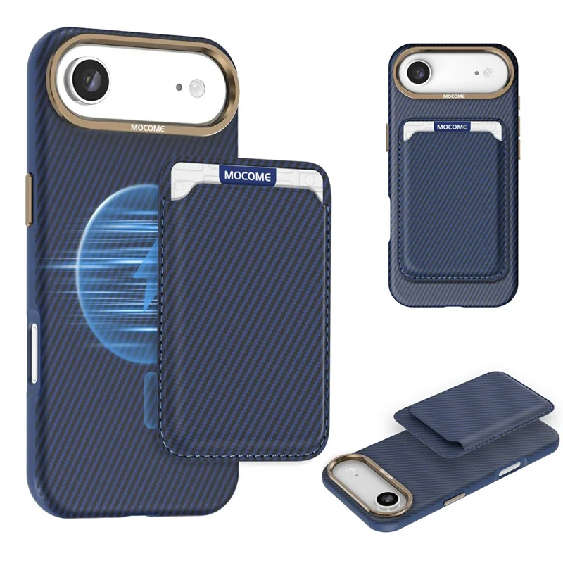 For iPhone Air Magnetic Case Carbon Fiber Texture Leather Back Phone Cover with Detachable Card Holder - Sapphire