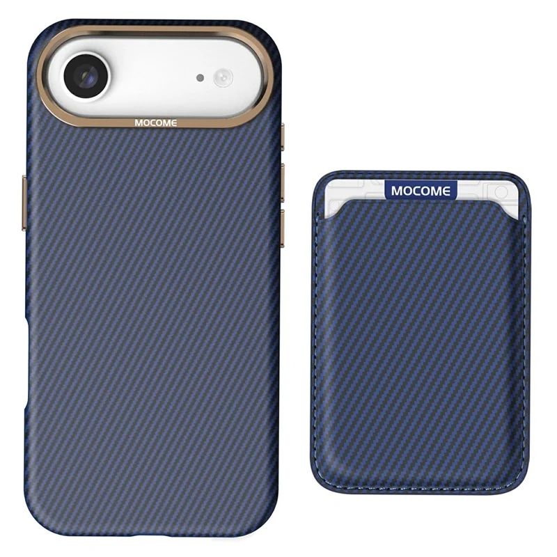 For iPhone Air Magnetic Case Carbon Fiber Texture Leather Back Phone Cover with Detachable Card Holder - Sapphire