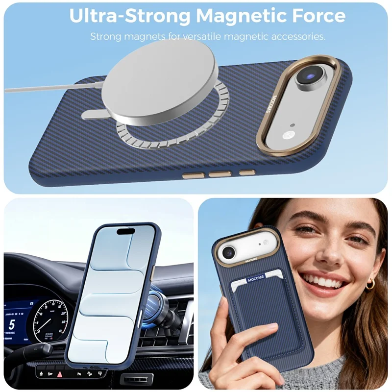 For iPhone Air Magnetic Case Carbon Fiber Texture Leather Back Phone Cover with Detachable Card Holder - Sapphire