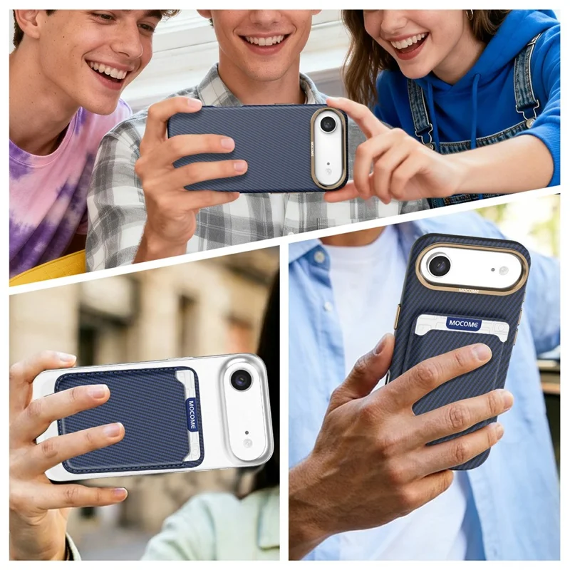 For iPhone Air Magnetic Case Carbon Fiber Texture Leather Back Phone Cover with Detachable Card Holder - Sapphire