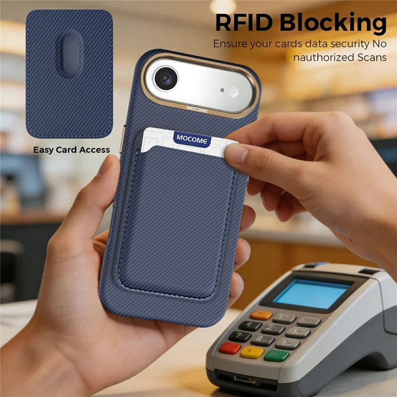 For iPhone Air Magnetic Case Carbon Fiber Texture Leather Back Phone Cover with Detachable Card Holder - Sapphire