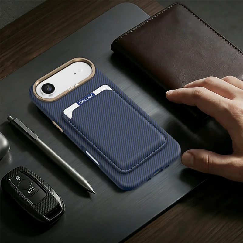 For iPhone Air Magnetic Case Carbon Fiber Texture Leather Back Phone Cover with Detachable Card Holder - Sapphire