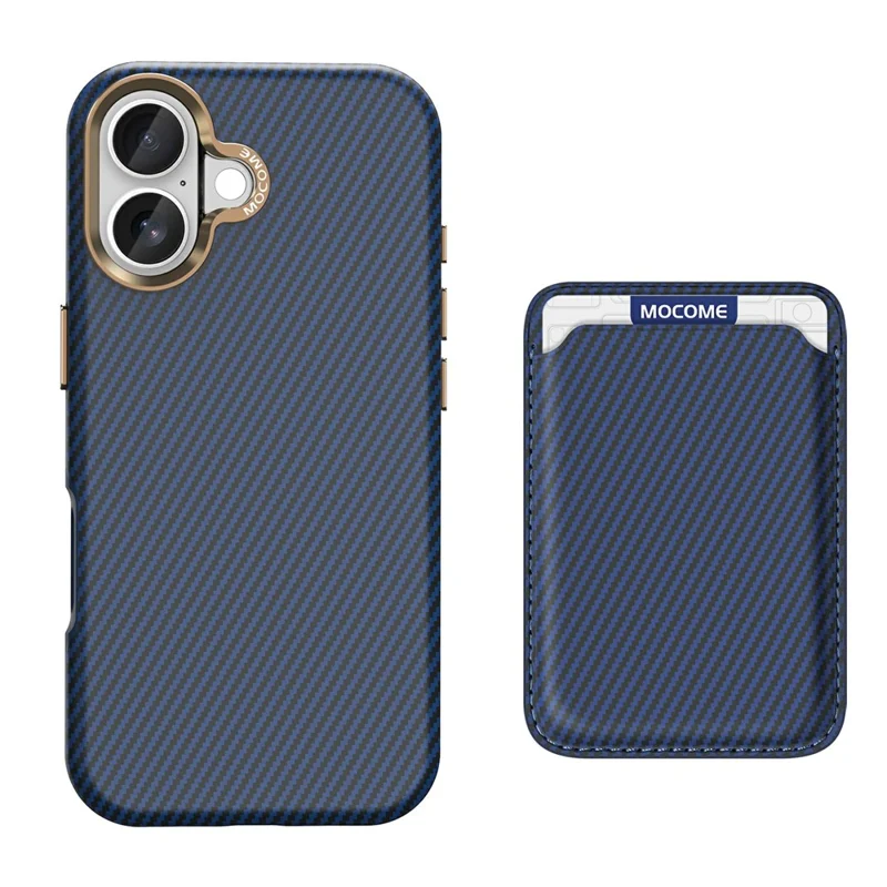 For iPhone 17 Magnetic Case Carbon Fiber Texture Leather Back Phone Cover with Detachable Card Holder - Sapphire