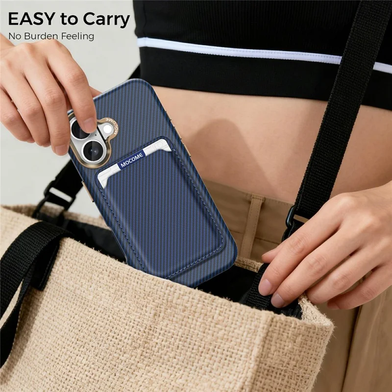 For iPhone 17 Magnetic Case Carbon Fiber Texture Leather Back Phone Cover with Detachable Card Holder - Sapphire