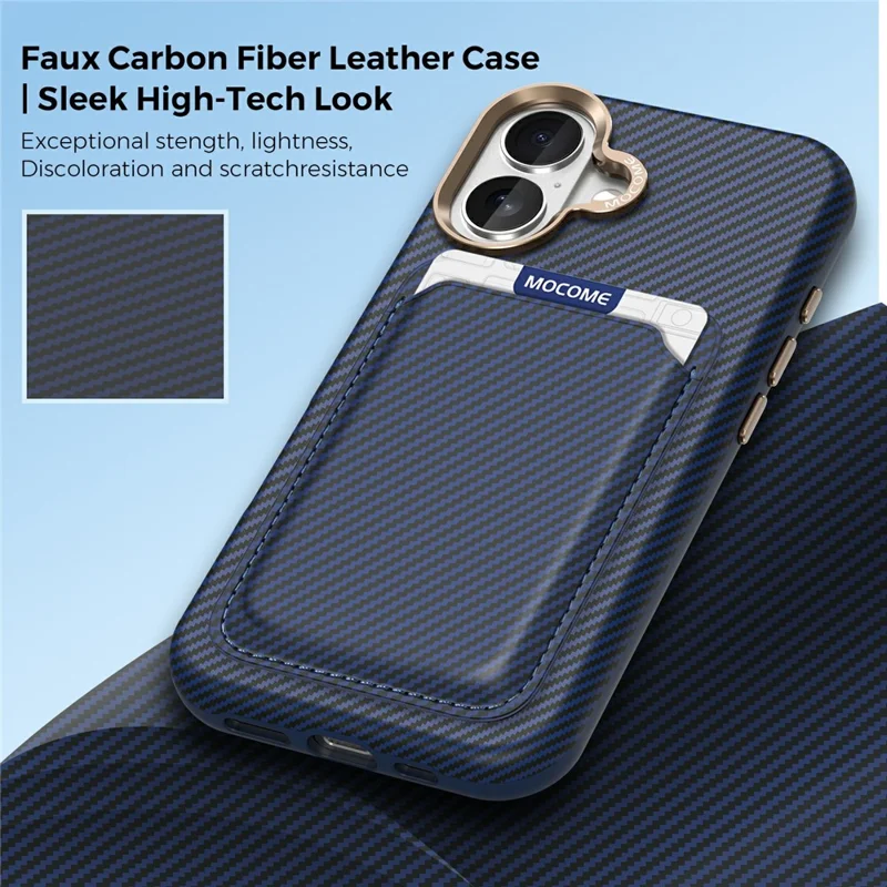 For iPhone 17 Magnetic Case Carbon Fiber Texture Leather Back Phone Cover with Detachable Card Holder - Sapphire