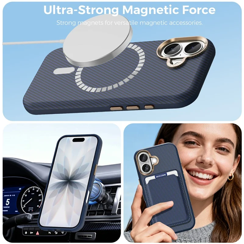 For iPhone 17 Magnetic Case Carbon Fiber Texture Leather Back Phone Cover with Detachable Card Holder - Sapphire