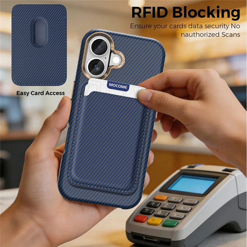 For iPhone 17 Magnetic Case Carbon Fiber Texture Leather Back Phone Cover with Detachable Card Holder - Sapphire