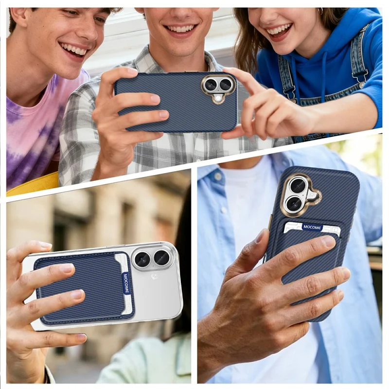 For iPhone 17 Magnetic Case Carbon Fiber Texture Leather Back Phone Cover with Detachable Card Holder - Sapphire