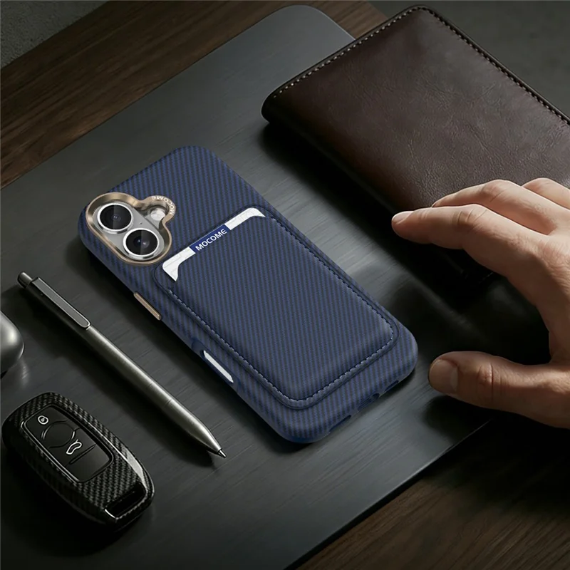 For iPhone 17 Magnetic Case Carbon Fiber Texture Leather Back Phone Cover with Detachable Card Holder - Sapphire