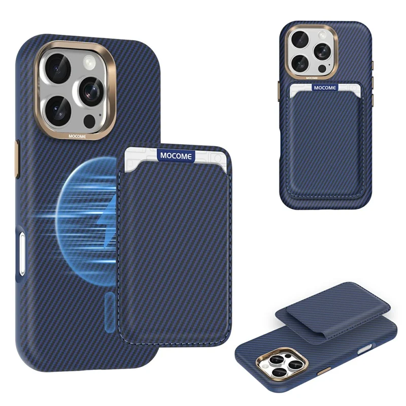 For iPhone 16 Pro Max Magnetic Case Carbon Fiber Texture Leather Back Phone Cover with Detachable Card Holder - Sapphire