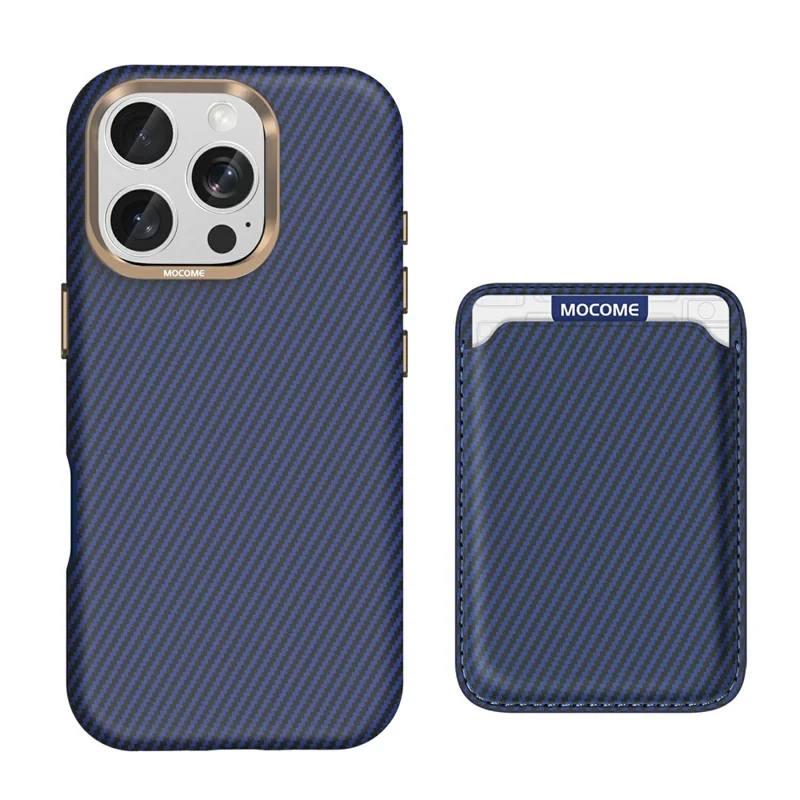 For iPhone 16 Pro Max Magnetic Case Carbon Fiber Texture Leather Back Phone Cover with Detachable Card Holder - Sapphire