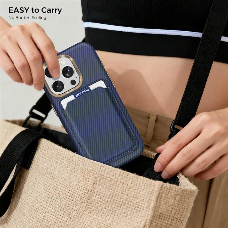 For iPhone 16 Pro Max Magnetic Case Carbon Fiber Texture Leather Back Phone Cover with Detachable Card Holder - Sapphire