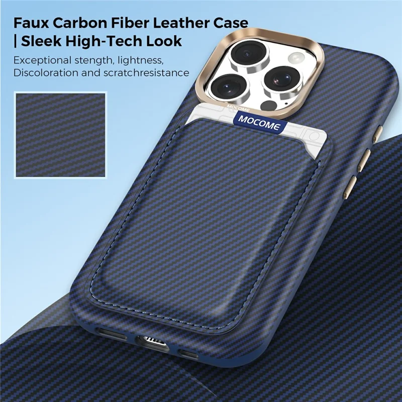 For iPhone 16 Pro Max Magnetic Case Carbon Fiber Texture Leather Back Phone Cover with Detachable Card Holder - Sapphire