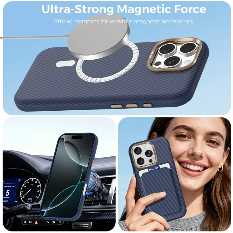 For iPhone 16 Pro Max Magnetic Case Carbon Fiber Texture Leather Back Phone Cover with Detachable Card Holder - Sapphire