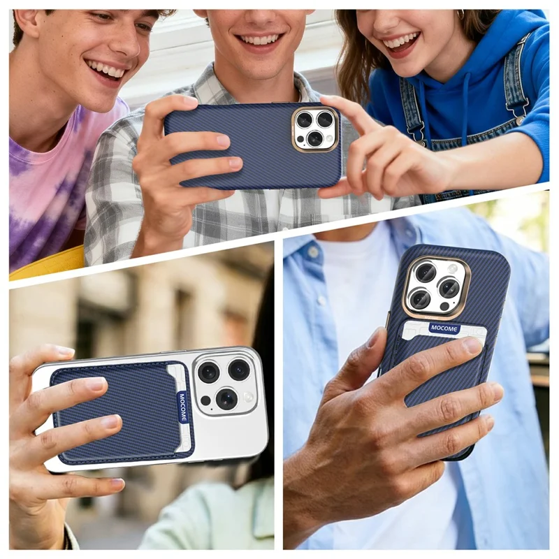 For iPhone 16 Pro Max Magnetic Case Carbon Fiber Texture Leather Back Phone Cover with Detachable Card Holder - Sapphire