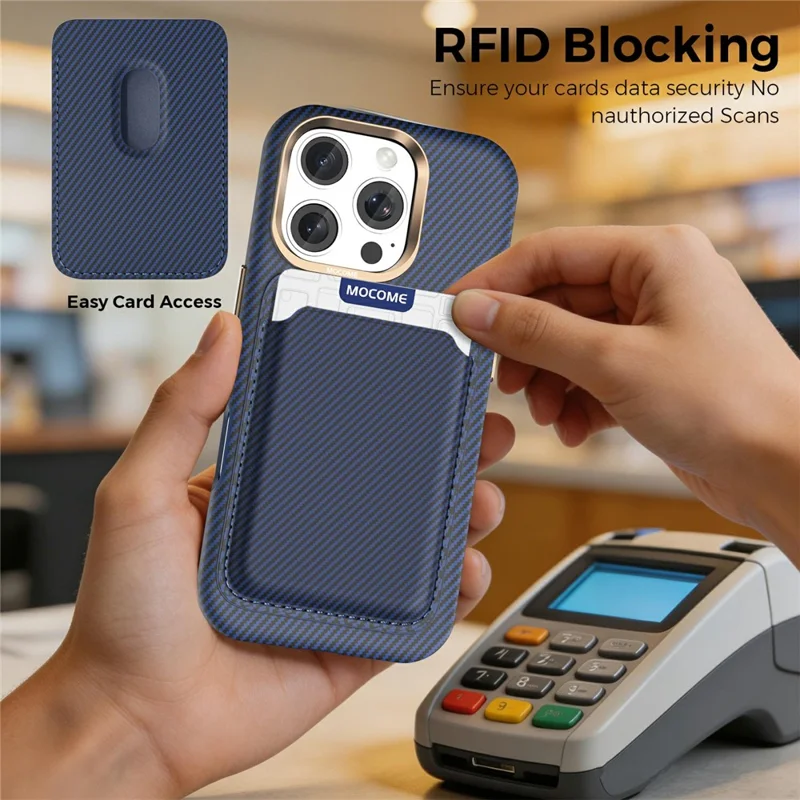 For iPhone 16 Pro Max Magnetic Case Carbon Fiber Texture Leather Back Phone Cover with Detachable Card Holder - Sapphire