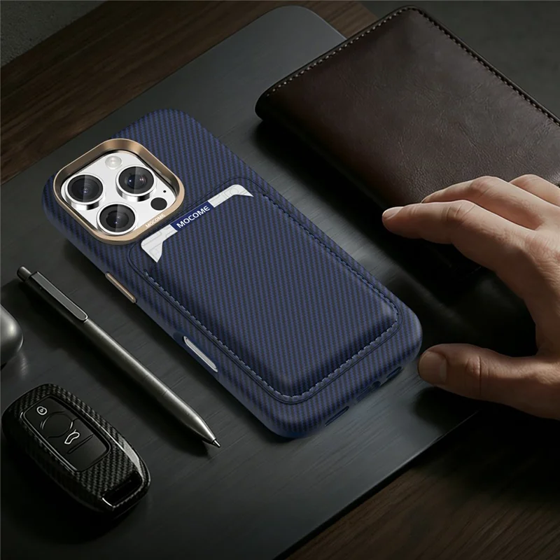 For iPhone 16 Pro Max Magnetic Case Carbon Fiber Texture Leather Back Phone Cover with Detachable Card Holder - Sapphire