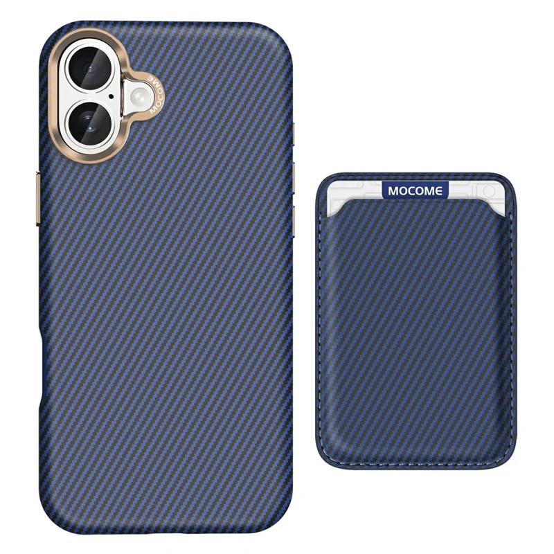 For iPhone 16 Plus Magnetic Case Carbon Fiber Texture Leather Back Phone Cover with Detachable Card Holder - Sapphire