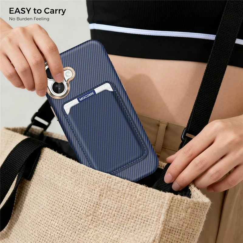For iPhone 16 Plus Magnetic Case Carbon Fiber Texture Leather Back Phone Cover with Detachable Card Holder - Sapphire