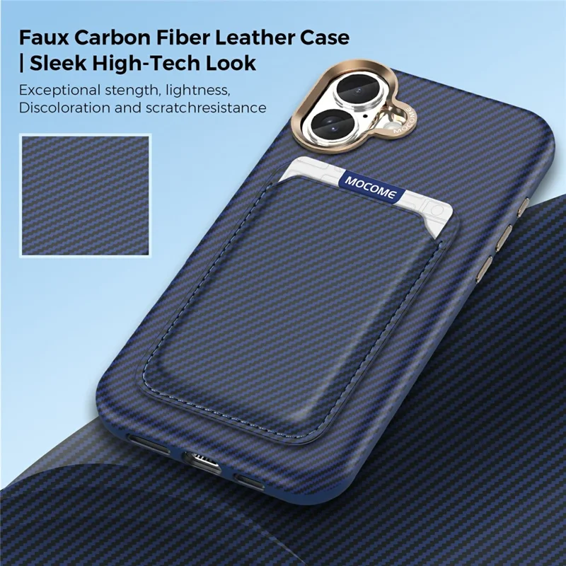 For iPhone 16 Plus Magnetic Case Carbon Fiber Texture Leather Back Phone Cover with Detachable Card Holder - Sapphire